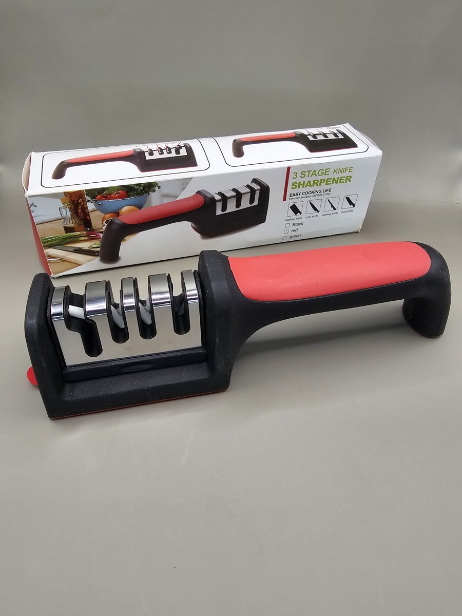 Four stage manual knife sharpener, red and black