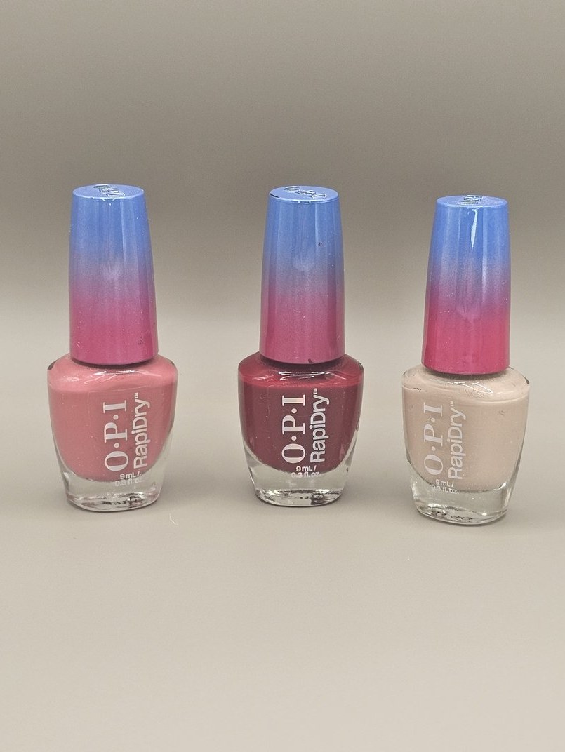 OPI RapiDry nail polish in the three shades I use